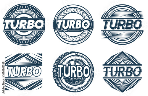 Turbo lettering emblems with circular and geometric shapes and motion lines suitable for automotive branding motorsport graphics speed related posters car tuning visuals and high industry projects