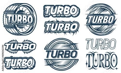 Turbo lettering emblems with multiple graphic styles highlighting speed and motion suitable for automotive industry car tuning designs motorsport racing themed branding and mechanical culture projects
