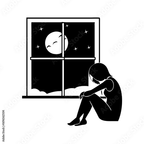Vector art of sad woman sitting by window at night