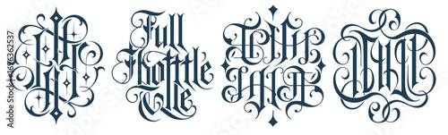 Gothic lettering designs with four bold typographic emblems suitable for tattoos badges hot rod branding greaser culture motorcycle merchandise posters and vintage automotive graphic design projects