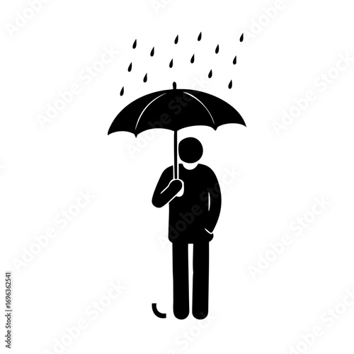 Vector art of stick figure man holding umbrella in rain