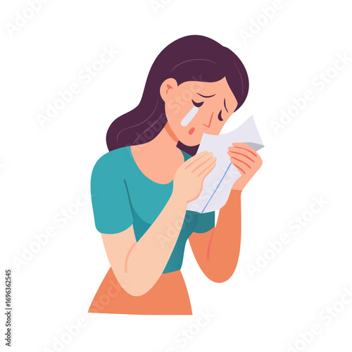 Vector art of sad woman crying while reading a letter