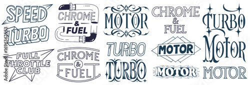 Vintage style emblems and badges with words speed chrome fuel motor and turbo suitable for car tuning visuals apparel design retro automotive posters motorcycle clubs and hot rod branding projects