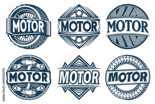 Six motor vehicle emblems with stylized tires pistons and geometric patterns suitable for automotive branding motorcycle clubs hot rod merchandise retro poster design and motorsport related projects
