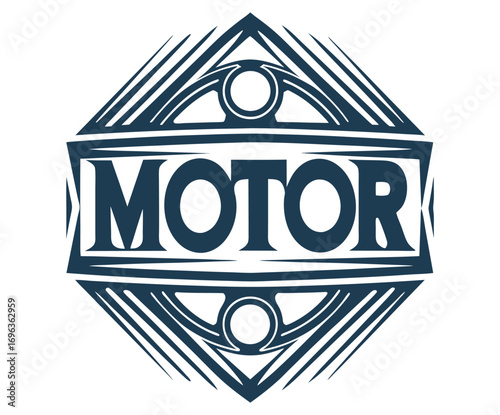 Vintage motor lettering featuring stylized piston and connecting rod elements within a diamond shaped frame, evoking classic automotive design and appealing to motor enthusiasts