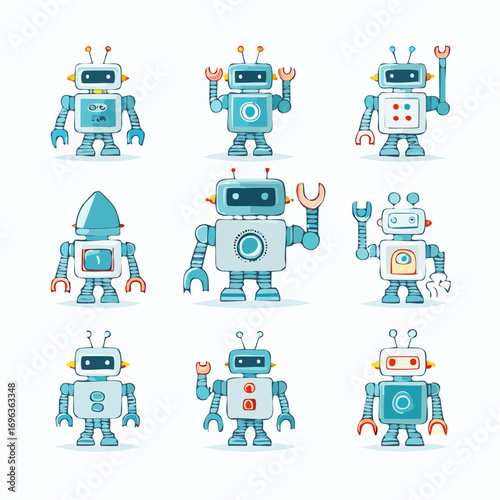 A collection of nine cute cartoon robots with various designs and expressions, illustrated in a grid format.