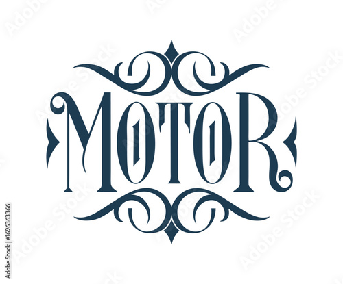 Classic and elegant lettering design featuring the word motor with vintage flourishes, creating a sophisticated emblem for automotive enthusiasts and vintage car lovers