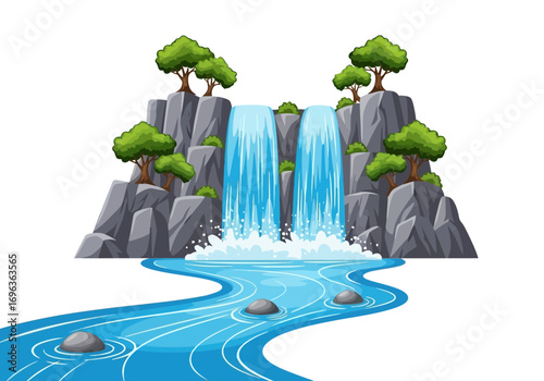 Vector art of majestic waterfall cascading down rocky cliffs into a clear blue river, surrounded by lush green trees and stones