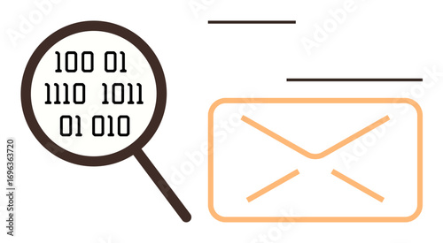Magnifying glass magnifying binary code next to a mail envelope. Ideal for cybersecurity, email analysis, digital communication, data privacy, information security, decryption, modern technology