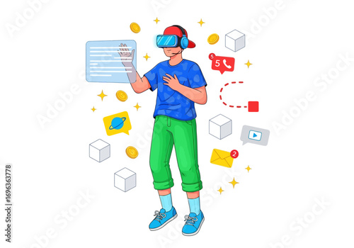 Vector art of young person wearing vr headset and headphones, interacting with a holographic screen, surrounded by virtual elements