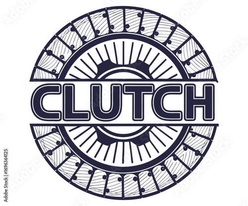 Round emblem representing a clutch, featuring stylized lettering and mechanical details, evoking vintage aesthetics and automotive themes, ideal for garage, repair shop or motor enthusiast designs