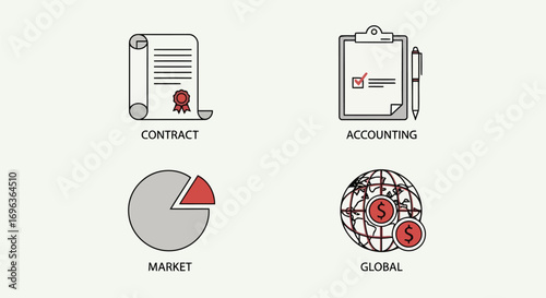 Vector illustration of collection of four business and finance icons contract, accounting, market, and global