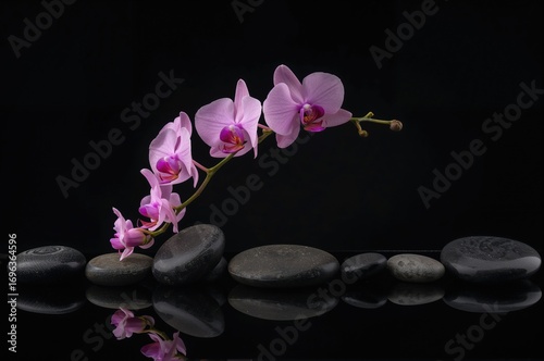 Wide shot of pink orchids and balanced zen stones against a dark backdrop