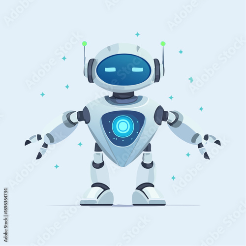 Cute cartoon robot illustration, standing with arms outstretched, light gray and blue color scheme.