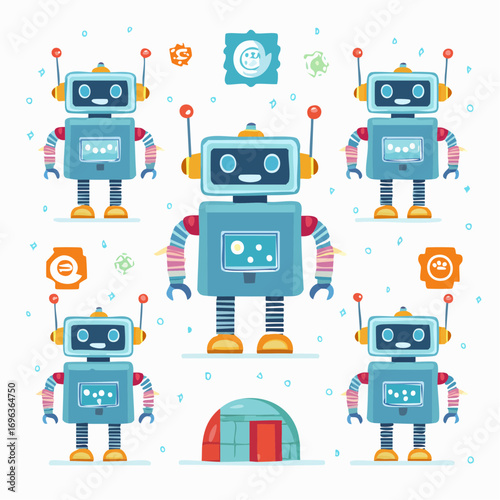 Five friendly robots surrounding a central robot, near an igloo.