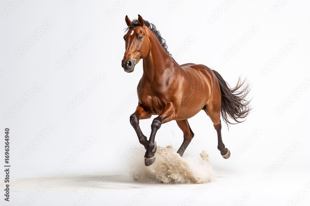 Obraz premium Equine leaping over sand against a plain white backdrop