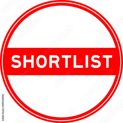 Red color round seal sticker in word shortlist on white background