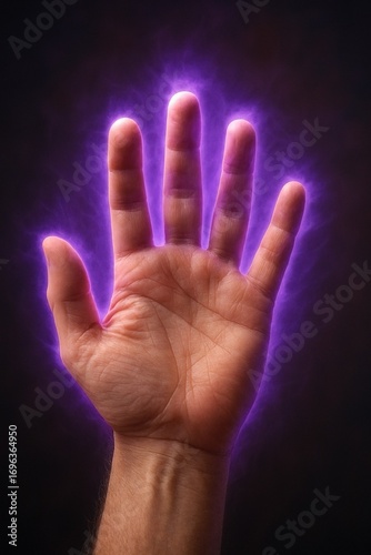 Palm of an outstretched hand showing a violet energetic glow symbolizing the aura and bioenergetic field, representing spiritual strength, healing, vital energy, and connection to the transcendental.