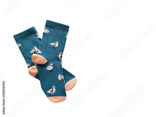 Bright children's multi-colored socks with decorative pattern, top view	
