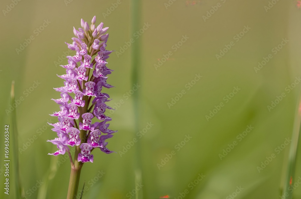 Obraz premium Dactylorhiza fuchsii, known as the Common Spotted Orchid, blooming in grasslands and open forests on lime-rich or neutral soil, with a blurred backdrop, summer, isolated flower, natural setting