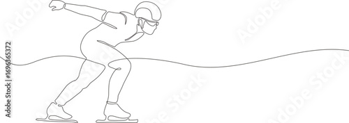  One line drawing of a speed skater in racing suit and helmet on ice. Minimalist linear illustration. Winter sports and games concept. 