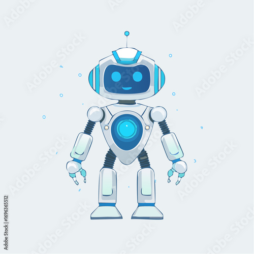 A friendly, futuristic white and blue cartoon robot with a glowing core standing against a light gray background.