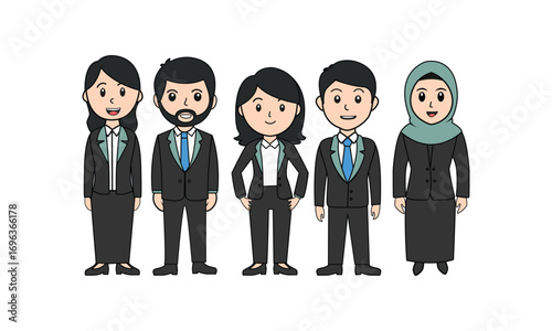 Cartoon business team illustration with men and women in formal suits, including hijab character. Perfect for office concept, teamwork, corporate design, education, and professional vector art.