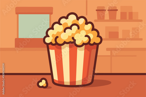 A delicious bucket of popcorn with a few kernels scattered around.