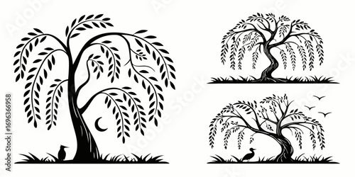 Black Silhouette Weeping Willow Trees with Nature Elements