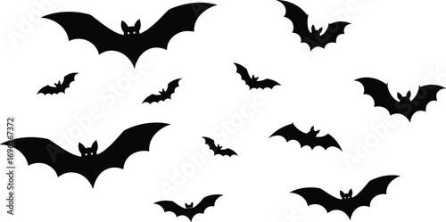 A swarm of black bat silhouettes flying together, creating a spooky and mysterious atmosphere perfect for Halloween decorations or nocturnal themes for various design projects