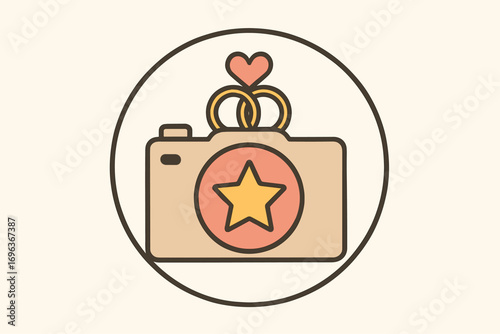 Wedding Photography Icon - Camera with Rings and Heart.