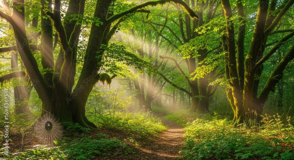 Fototapeta premium Magical Sunbeams Shining Through Trees in a Lush Green Forest.
