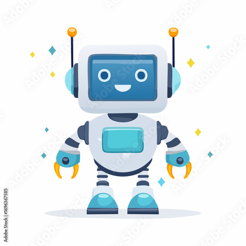Cute cartoon robot character, smiling and standing, with antennae and claw-like hands.