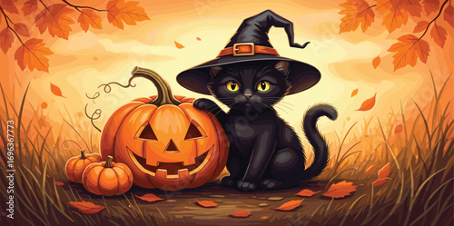 Charming Black Cat in a Witch Hat with a Jack-o'-Lantern and Autumn Leaves, Perfect for Halloween Celebrations