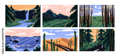 Set of landscapes. Wild nature with trees, waterfalls and fields. Views of mountains, forests, deserts sea, and meadows. Drawing sceneries with rocks and woods. Flat hand drawn vector illustrations