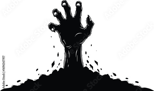 A dark, eerie hand claws desperately from the disturbed earth, a stark silhouette against the light, symbolizing a struggle or an emergence from the unseen depths