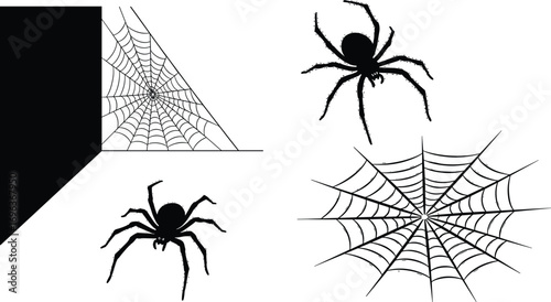 Spooky Spiderwebs and Crawling Spiders Silhouette Vector Art