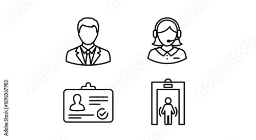 Vector illustration of collection of four security and identification icons including a person icon, a headset icon, an id card icon, and a security gate icon