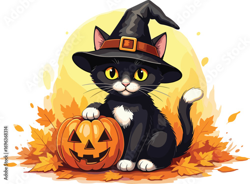 Whimsical Black Cat with Jack-o'-lantern and Autumn Leaves, Perfect for Halloween Celebrations and Fall Decor