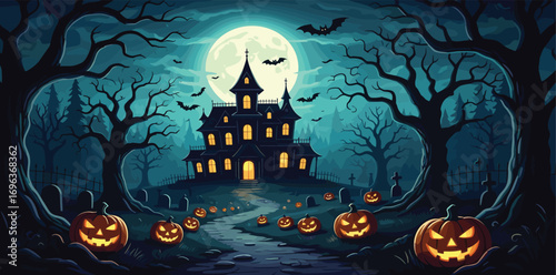 Spooky Halloween Night Scene with a Haunted House and Pumpkins Under a Full Moon