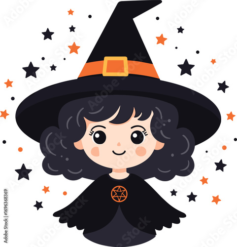 Adorable cartoon witch girl with a pointy hat and cape, surrounded by magic stars. Cute Halloween character vector illustration