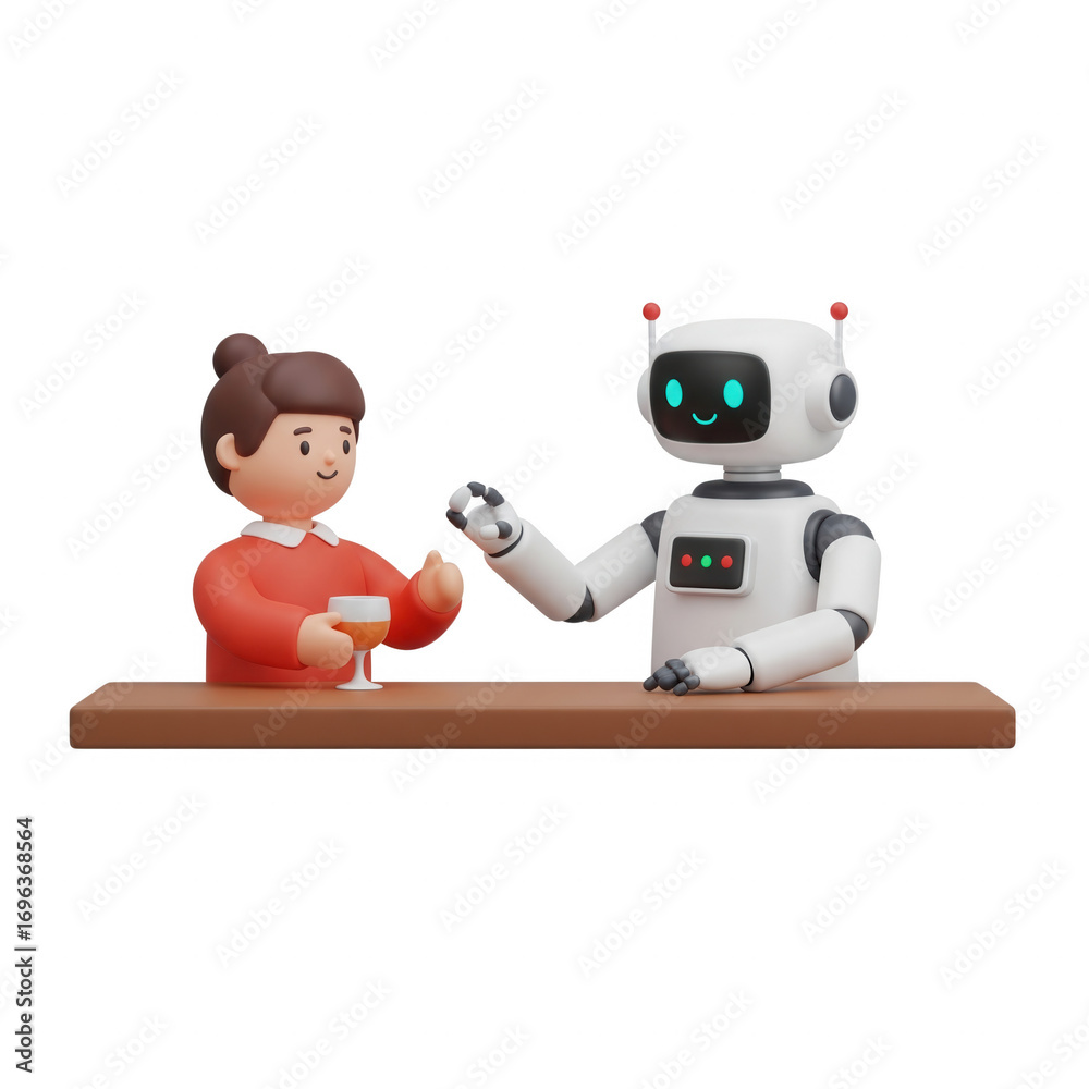 Fototapeta premium Human And Robot Enjoying Drinks Together In A Transparent Background Illustration