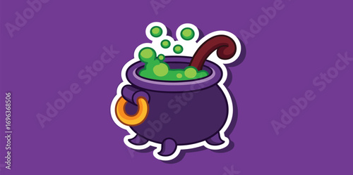 A charming and spooky cartoon sticker of a witch's cauldron, boiling with a vibrant green potion for a magical Halloween spell