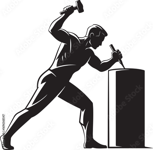 Vector art of silhouette of a sculptor chiseling a block of stone