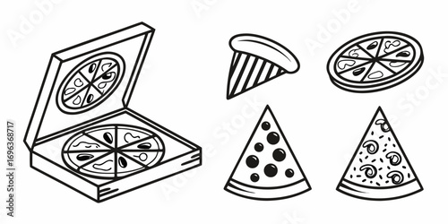Collection of Pizza Slices and Pizza Box