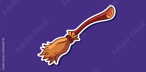 Whimsical Witch's Broom Illustration on a Purple Background for Halloween