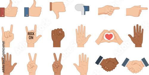 Create a All type of hand emojis, gestures, stickers, emoticons flat illustration symbols set, collection. Hands, handshakes, muscle, finger, fist, direction, like, unlike, fingers vector art.