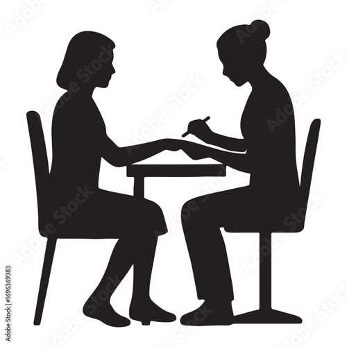 Vector art of silhouette of a manicurist doing nails at a table