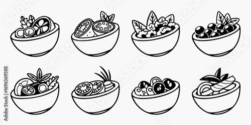 Collection of stylized food bowls with fresh ingredients
