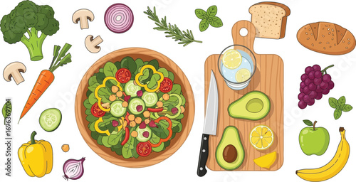 Vibrant overhead view of fresh ingredients for a healthy salad and bread spread